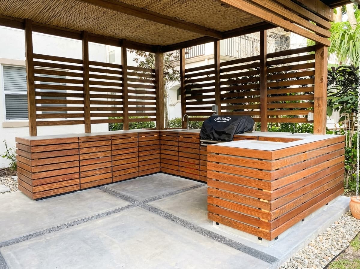 Sebastián's hand-drawn design sketch alongside the finished outdoor kitchen — finished photo